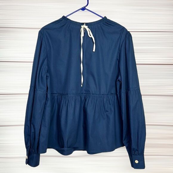 YUNE HO Cotton Navy Blue Peplum Top Relaxed Fit Blouse Drawstring Neck M - Picture 11 of 15